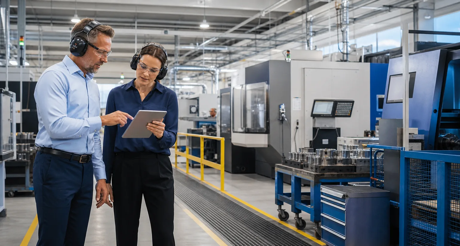 Manufacturing manager and insurance advisor reviewing production risks