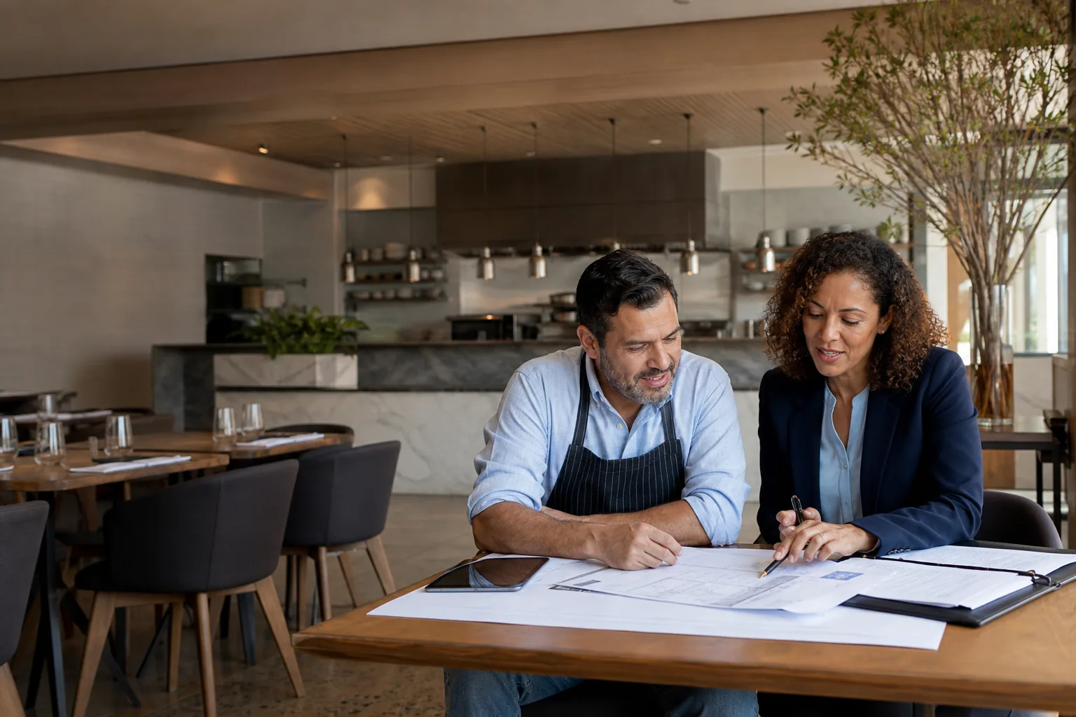 Restaurant owner reviewing commercial insurance needs with an advisor